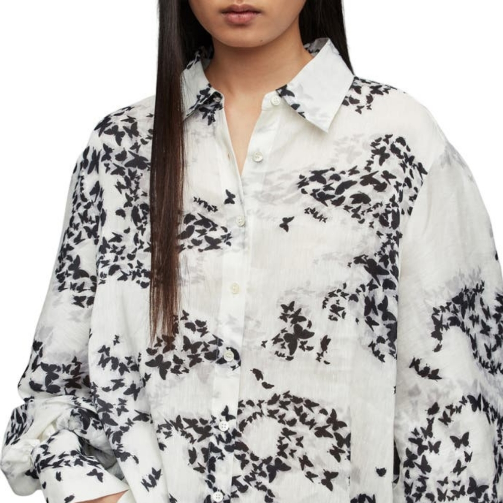 ALL SAINTS LINEN & SILK EMBROIDERED BUTTON DOWN